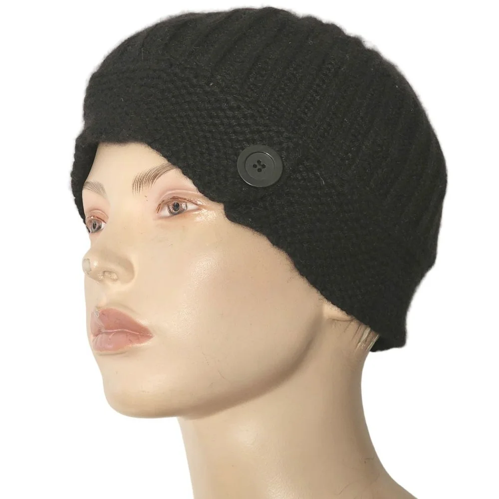 BANANA REPUBLIC Black Cashmere Knit Beanie Button Detail One Size‎